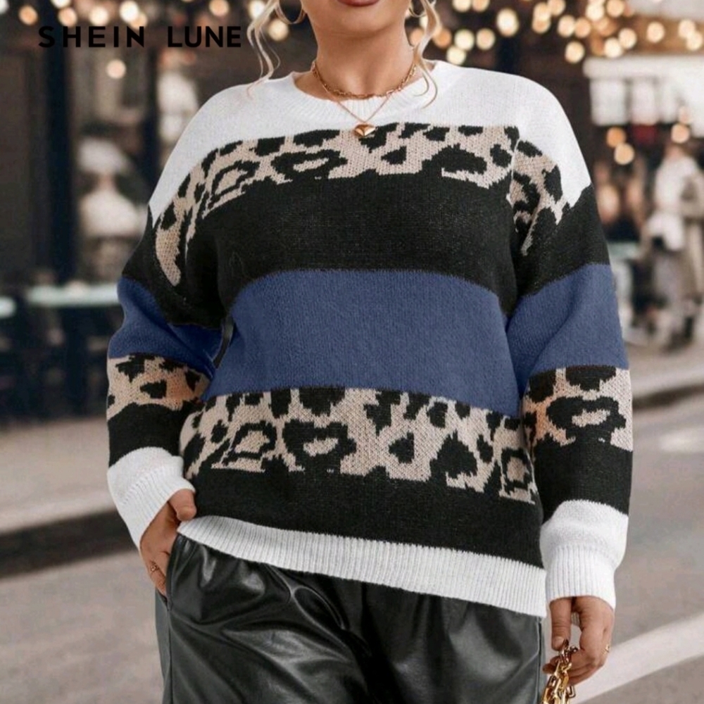 SHEIN Blue and Black Crew Neck Sweater with Stylish Design